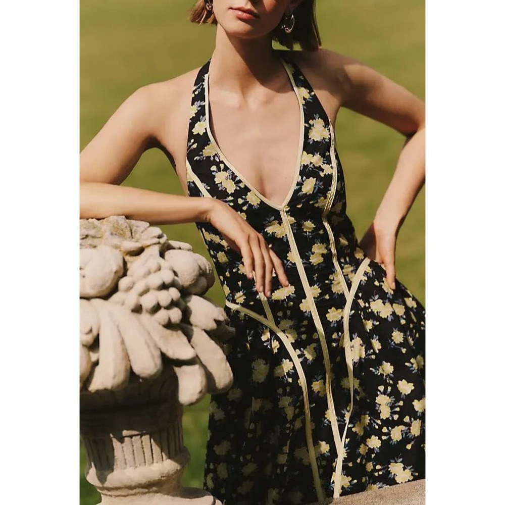 NEW Maeve Anthropologie Halter Fit & Flare Midi Dress Black Yellow Floral 3X - Picture 7 of 16
